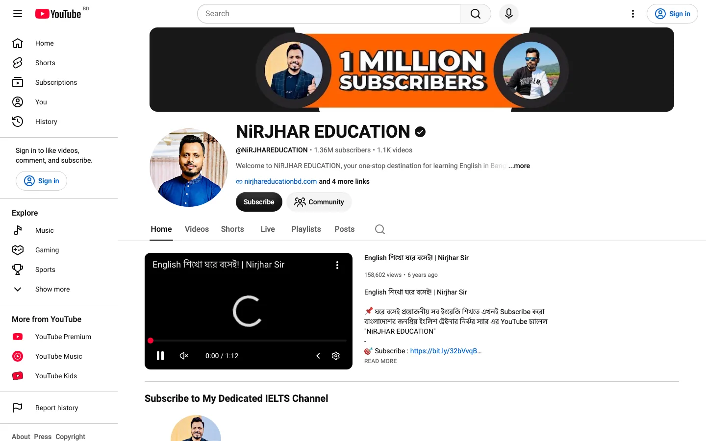 The NiRJHAR EDUCATION YouTube channel, 1.36 million subscribers